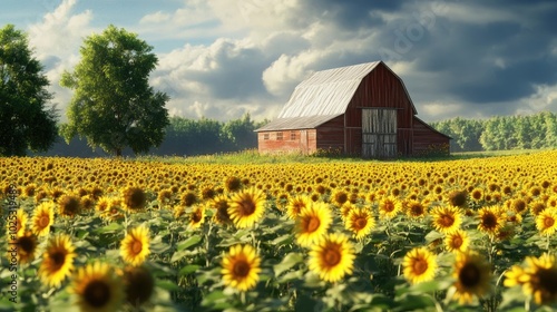 An idyllic farm scene with a rustic barn and fields of sunflowers