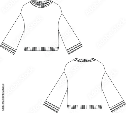 ribbed round neck crew neck drop shoulder kimono bell long sleeve loose slouchy sweater knitwear template technical drawing flat sketch cad mockup fashion woman design style model

