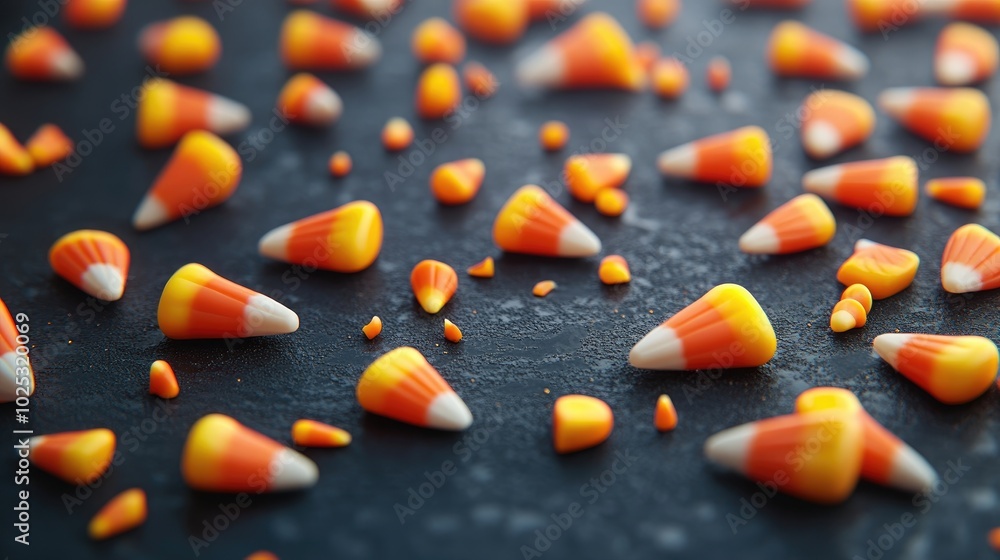 Candy corn and orange pumpkin-shaped candy pieces scattered across a dark, textured surface Candy corn and orange pumpkin-shaped candy pieces scattered across a dark, textured surface