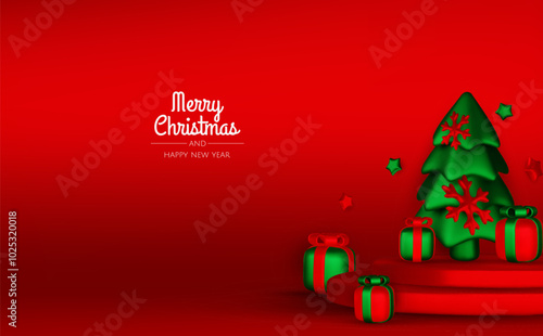 Happy New Year and Merry Christmas. Christmas holiday background with realistic 3d objects,gold and red bauble balls, conical metal stars, gift. Levitation falling design composition.