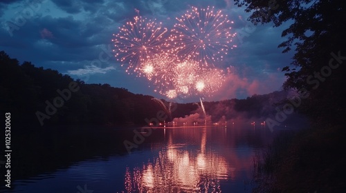 Brilliant fireworks bursting in unison above a scenic river, capturing the reflections below