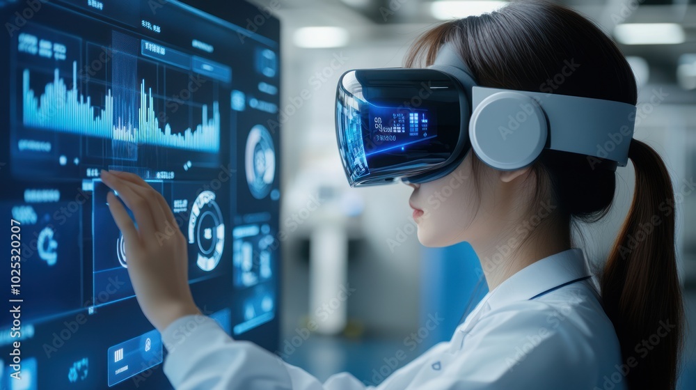 Woman in VR Headset Interacting with Data Visualization Woman in VR Headset Interacting with Data Visualization