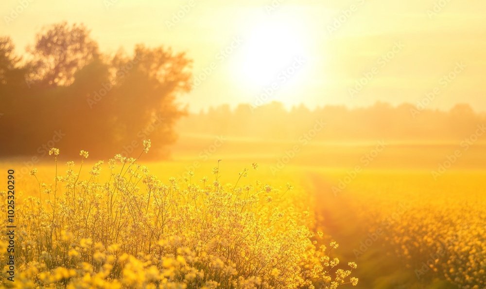 Golden Sunrise Over Blossoming canola Fields in spring