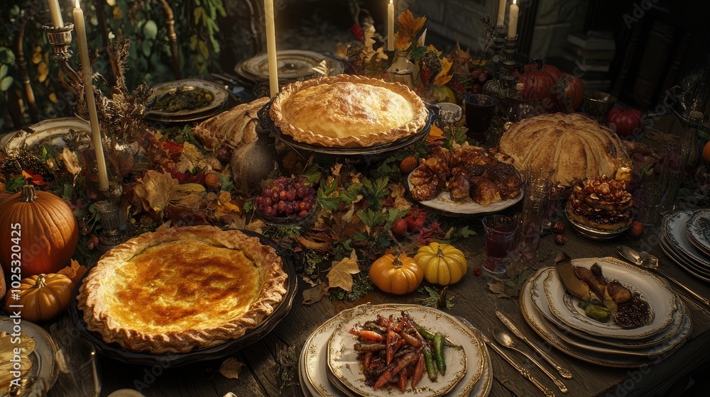 Festive table spread with roasted vegetables, pies, and autumn foliage Festive table spread with roasted vegetables, pies, and autumn foliage