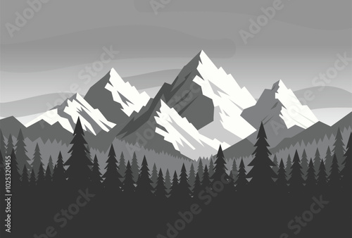 nature landscape with mountain and forest view in grey colors