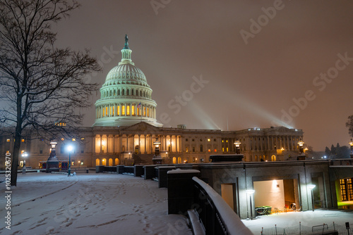 Washington DC in night winter snow. Capitol Building in night. Washington city Capitol. United States Capital. USA landmark. Supreme Court. Washington D.C. Night Washington city. photo