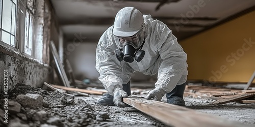 An asbestos removal specialist carefully removes hazardous materials from an old building 