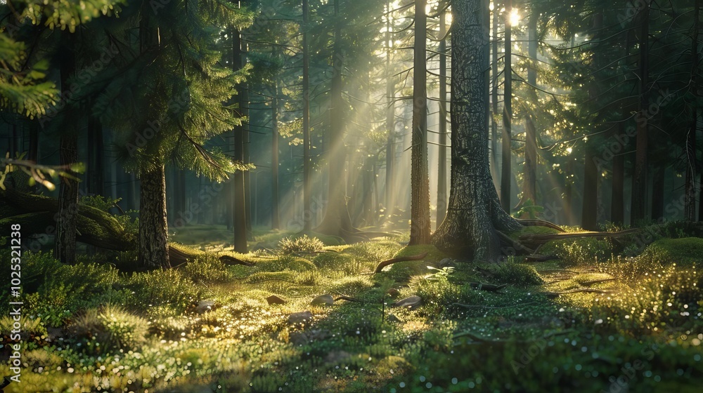 Fototapeta premium Tack-sharp capture of an ancient pine forest, sunbeams, forest floor detail,