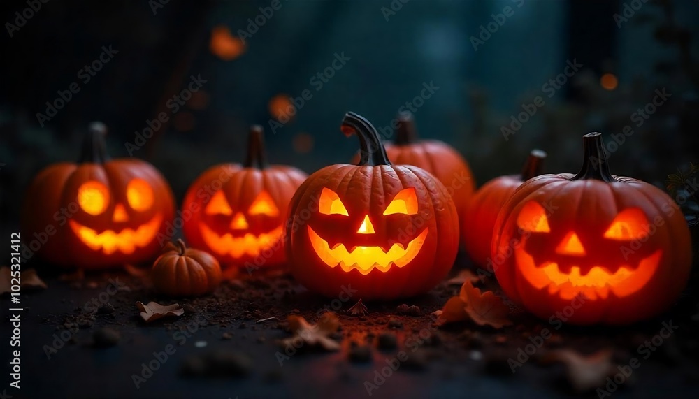 Halloween pumpkins glowing in the dark background concept Halloween, Creepy Halloween themed background, Holiday event Halloween banner, created with generative ai Halloween pumpkins glowing in the dark background concept Halloween, Creepy Halloween themed background, Holiday event Halloween banner, created with generative ai