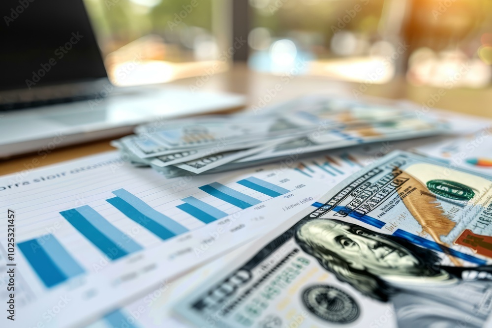 Us dollar bills are lying on financial charts with a laptop in the background, showing a concept image for business and finance Us dollar bills are lying on financial charts with a laptop in the background, showing a concept image for business and finance