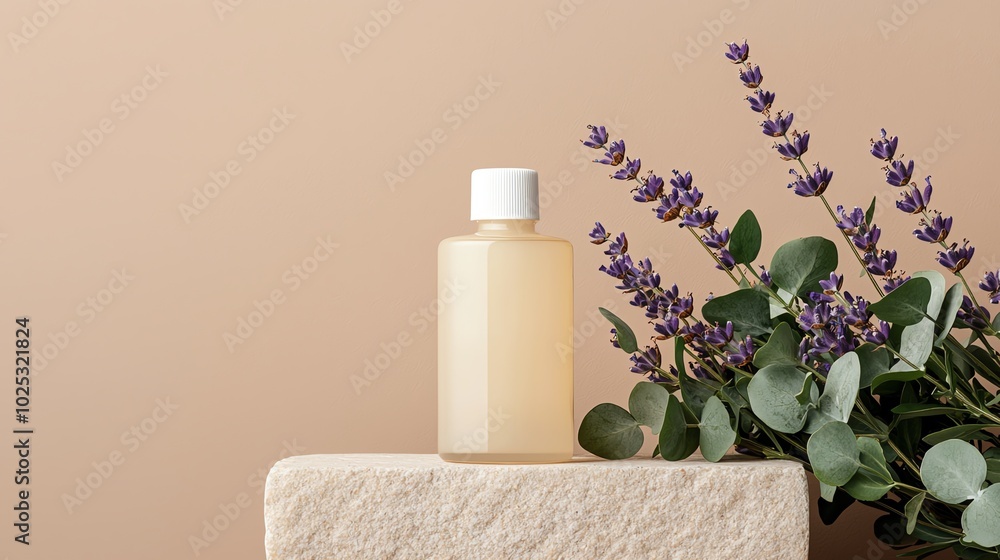 A minimalist skincare bottle on a stone with lavender and eucalyptus leaves. A minimalist skincare bottle on a stone with lavender and eucalyptus leaves.