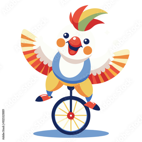 Cheerful Circus Bird on Unicycle: A vibrant illustration of a happy bird clown balancing on a unicycle, showcasing circus fun and whimsical charm.