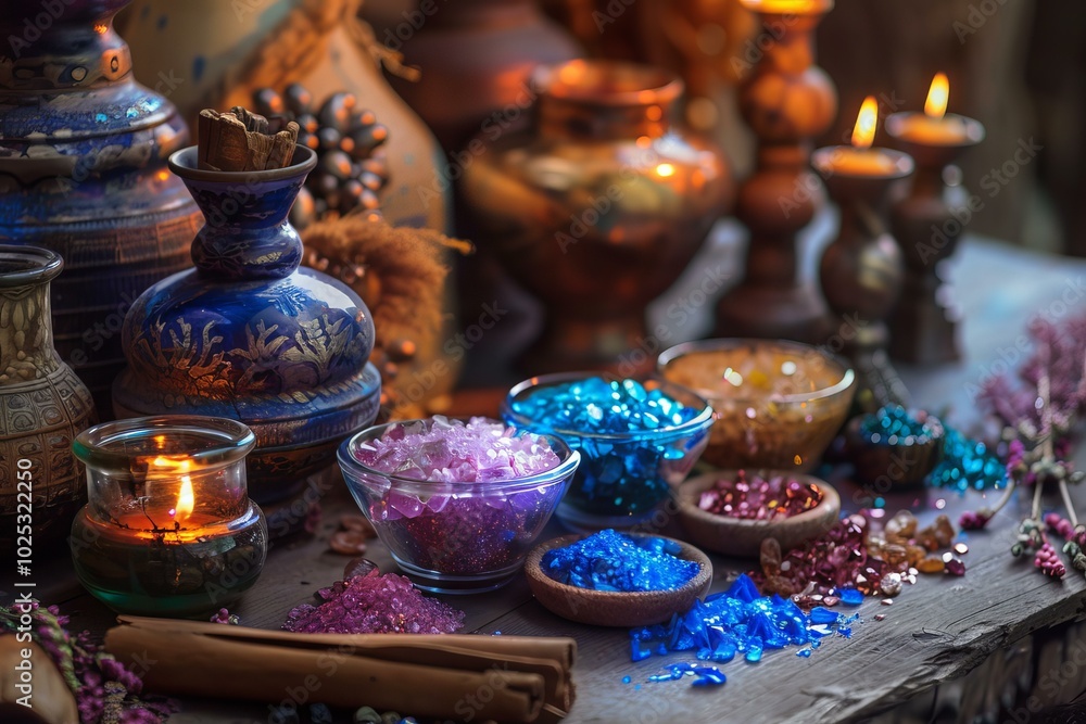 Arrangement of colorful bath salt crystals being displayed on a wooden table with candles and antique pots Arrangement of colorful bath salt crystals being displayed on a wooden table with candles and antique pots