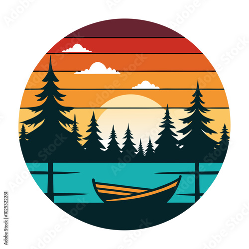 Lake Silhouette with Canoe and Trees on Retro Vintage Background Vector Art Illustration T-shirt Design Art.

