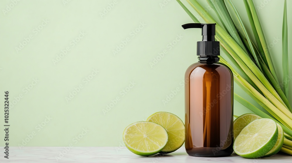 Brown glass bottle with pump, lime slices and green leaves on light background. Brown glass bottle with pump, lime slices and green leaves on light background.