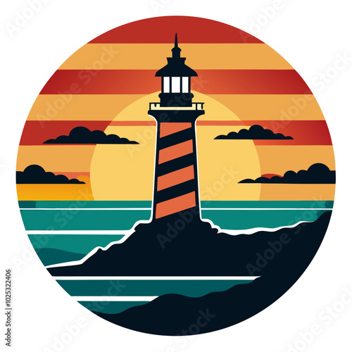 Lighthouse Silhouette on Coastal Shoreline on Retro Vintage Background Vector Art Illustration T-shirt Design Art.

