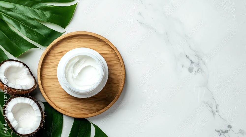 Coconut cream in a jar with fresh coconut on a marble background. Coconut cream in a jar with fresh coconut on a marble background.