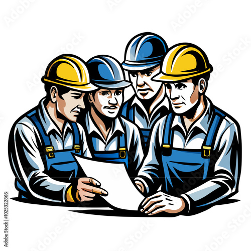 Construction Team Collaboration: Four construction workers huddle together, studying blueprints, their hard hats and overalls showcasing their dedication to building something great.  