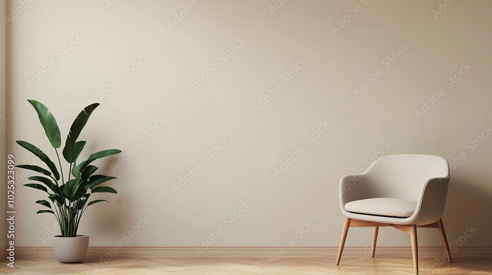 Cozy interior with a plant and modern chair against a light wall. Cozy interior with a plant and modern chair against a light wall.