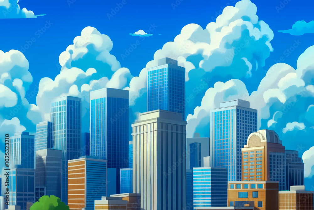 A bustling cityscape at twilight with illuminated skyscrapers A bustling cityscape at twilight with illuminated skyscrapers