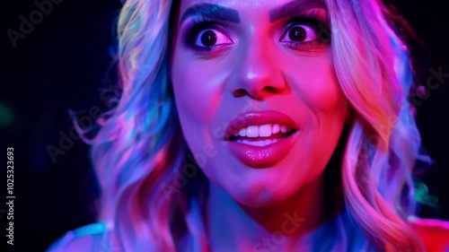 A vibrant close-up of a woman in colorful lighting. Her wide-eyed expression conveys surprise and amazement, with bright neon colors enhancing the scene.
