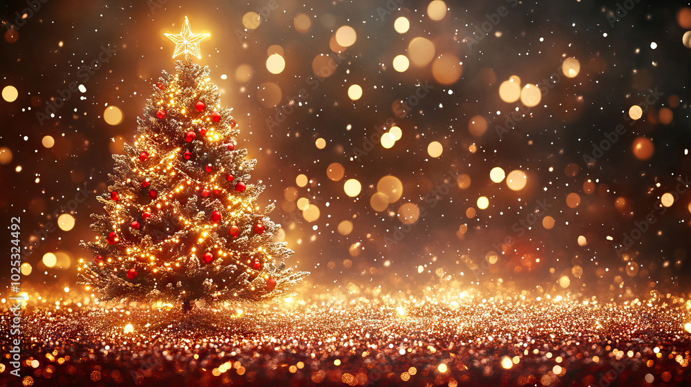 Naklejka premium Stylish Christmas Tree With Lights and Ornaments