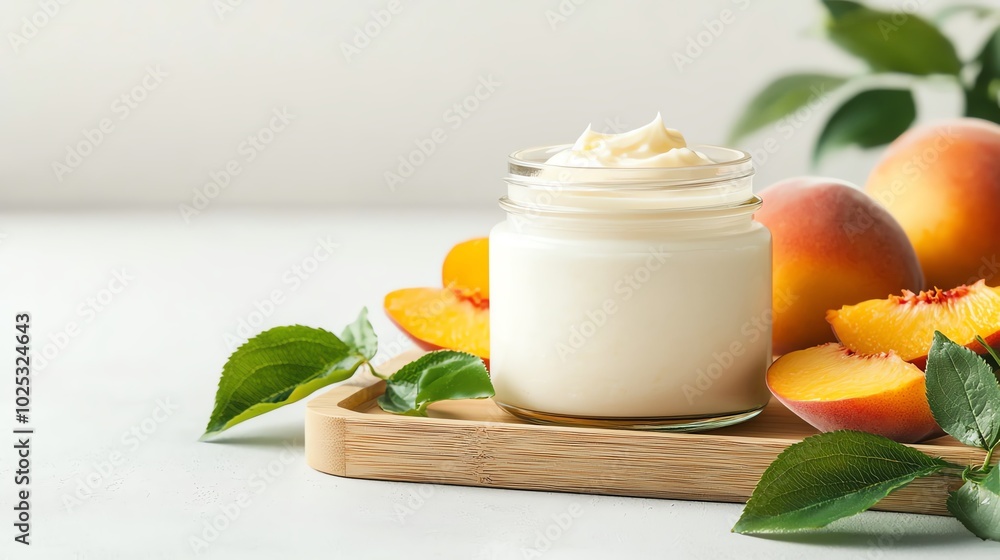 Fresh peach yogurt in a jar, surrounded by peach slices and green leaves. Fresh peach yogurt in a jar, surrounded by peach slices and green leaves.