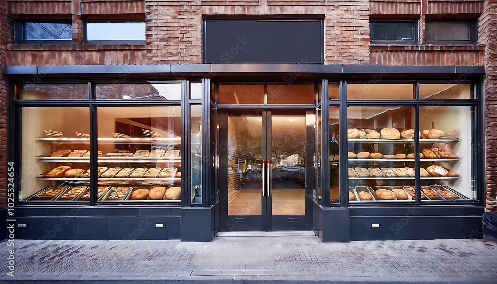 Charming bakery storefront with clear glass windows showcasing freshly baked goods in a vibrant city setting. Generative AI Charming bakery storefront with clear glass windows showcasing freshly baked goods in a vibrant city setting. Generative AI