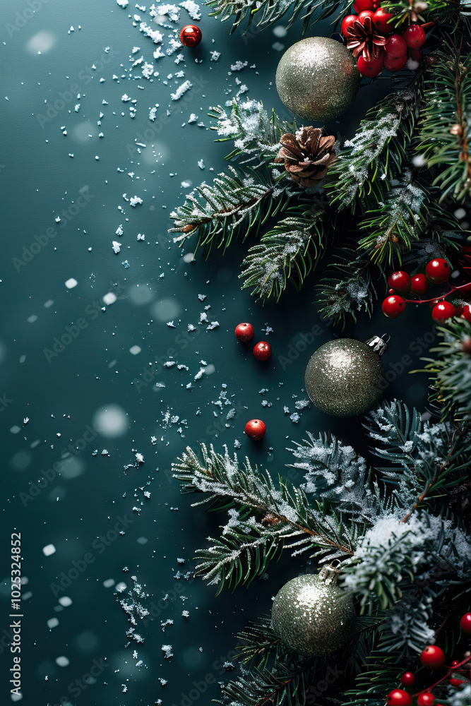 Naklejka premium Festive Holiday Cheer With Spruce, Bells, and Snow