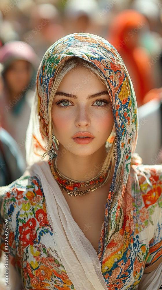 Fototapeta premium Uzbek Woman Merges Tradition and Modernity