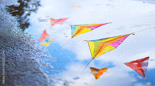 Multi-colored kites flying against a blue sky and fluffy white clouds and a snowy mountain background, Kite Day with a peaceful atmosphere photo