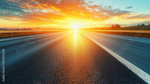 Light trails from cars on an asphalt road during sunset, with clouds and the sun visible. A dynamic transport-themed background showcasing motion and blur through long exposure photography.