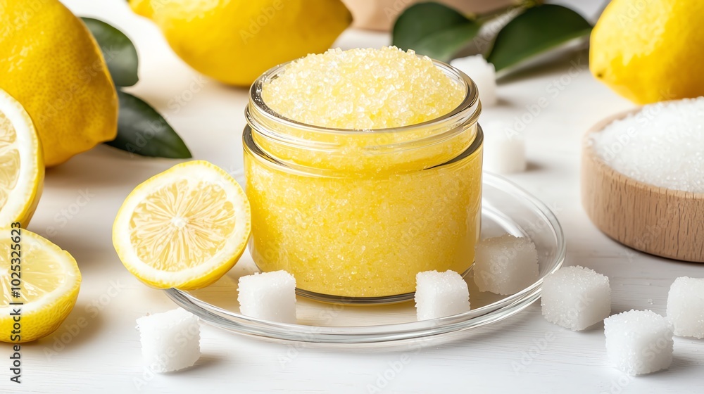 Lemon scrub in a jar surrounded by fresh lemons and sugar cubes on a white background. Lemon scrub in a jar surrounded by fresh lemons and sugar cubes on a white background.