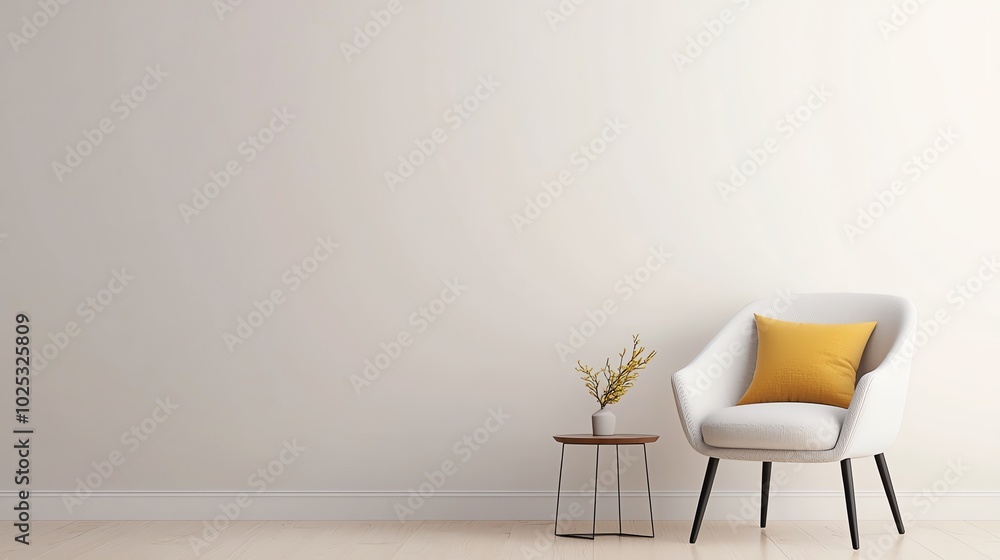 Minimalist interior with a modern chair, pillow, and small table on a neutral backdrop. Minimalist interior with a modern chair, pillow, and small table on a neutral backdrop.