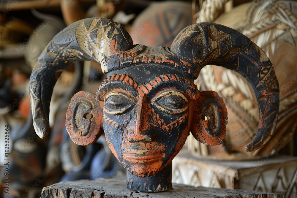 Traditional African Mask With Horns Representing A Powerful Spirit 