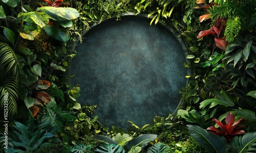 Wallpaper Mural Lush greenery framing a blank, round cutout space, surrounded by vibrant plants Torontodigital.ca