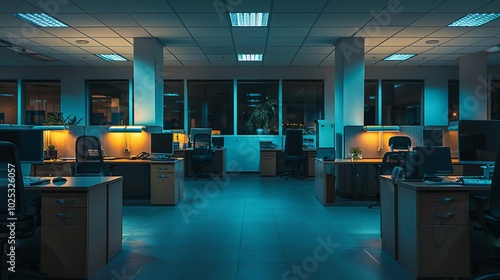 Wallpaper Mural Empty office at night wide shot cubicles dim light reflections tranquil ambiance Torontodigital.ca