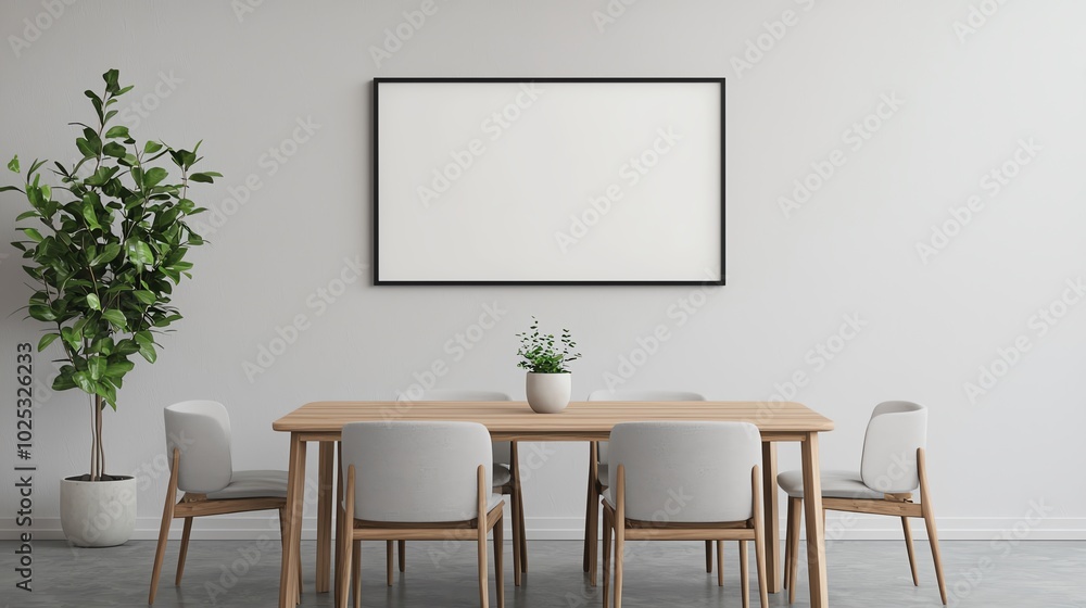 Modern dining room with empty frame, wooden table, potted plant, and stylish chairs. Modern dining room with empty frame, wooden table, potted plant, and stylish chairs.