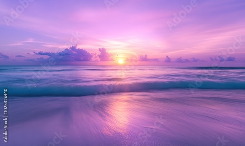 Magical violet Sunrise Beach. Tropical Honeymoon Island. Travel background