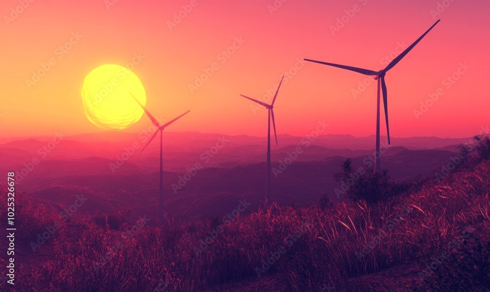 Majestic wind turbines overlooking a sunset landscape. Majestic wind turbines overlooking a sunset landscape.