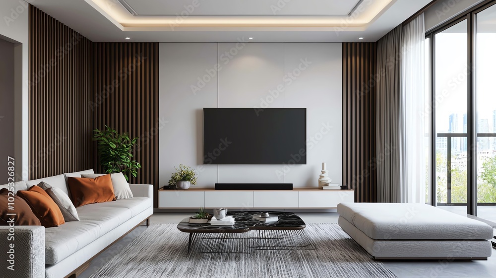 Fototapeta premium Modern living room interior with stylish furniture and natural light.