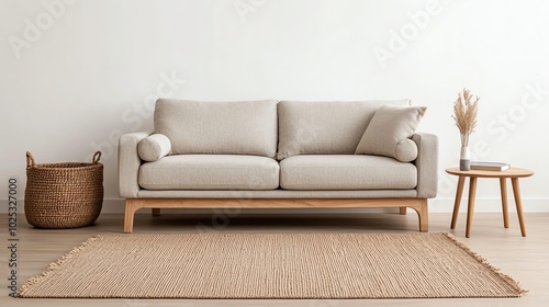 Modern living room with a cozy beige sofa, wooden table, and decorative accessories.