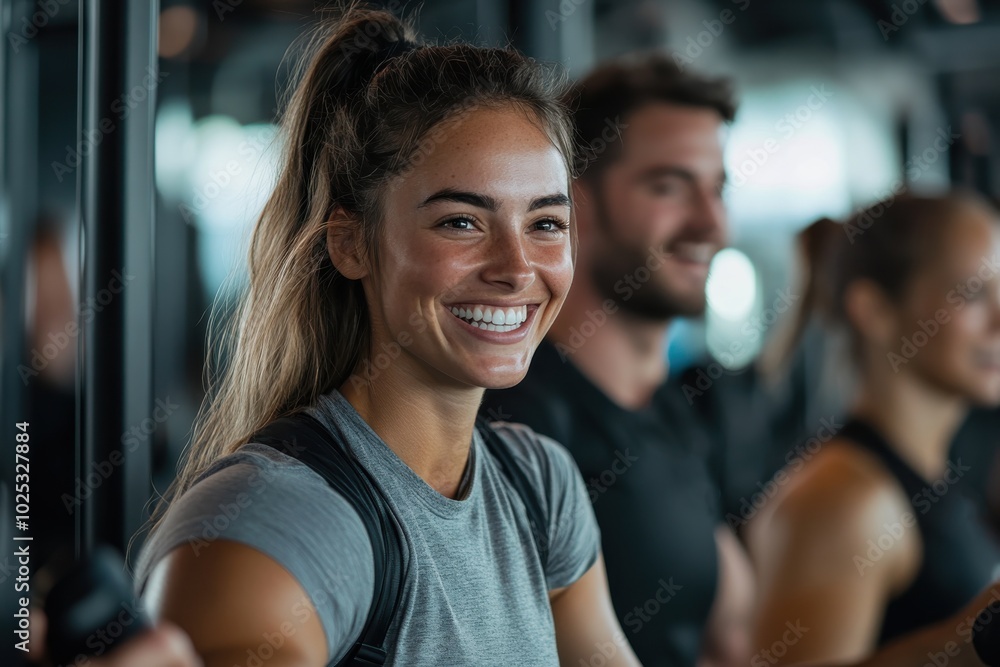 A woman with a cheerful demeanor enjoys her workout at a gym, capturing the joy and positivity that comes with leading a healthy lifestyle. A woman with a cheerful demeanor enjoys her workout at a gym, capturing the joy and positivity that comes with leading a healthy lifestyle.