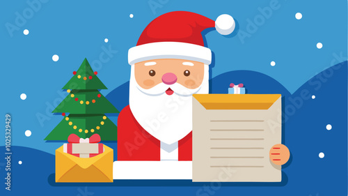 Santa Claus with a colorful envelope smiling cheerfully against a bright blue background, inviting holiday spirit and joy during the festive season