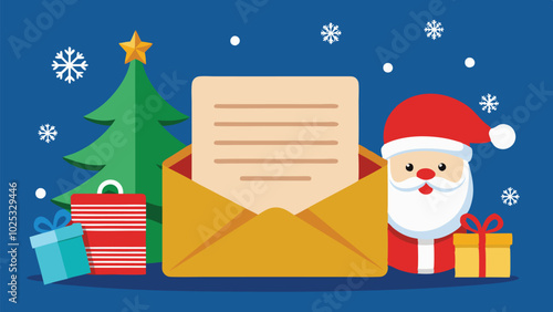 Santa Claus with a colorful envelope smiling cheerfully against a bright blue background, inviting holiday spirit and joy during the festive season