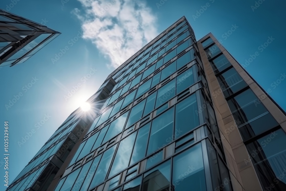Looking up at a modern office building against a clear blue sky Looking up at a modern office building against a clear blue sky