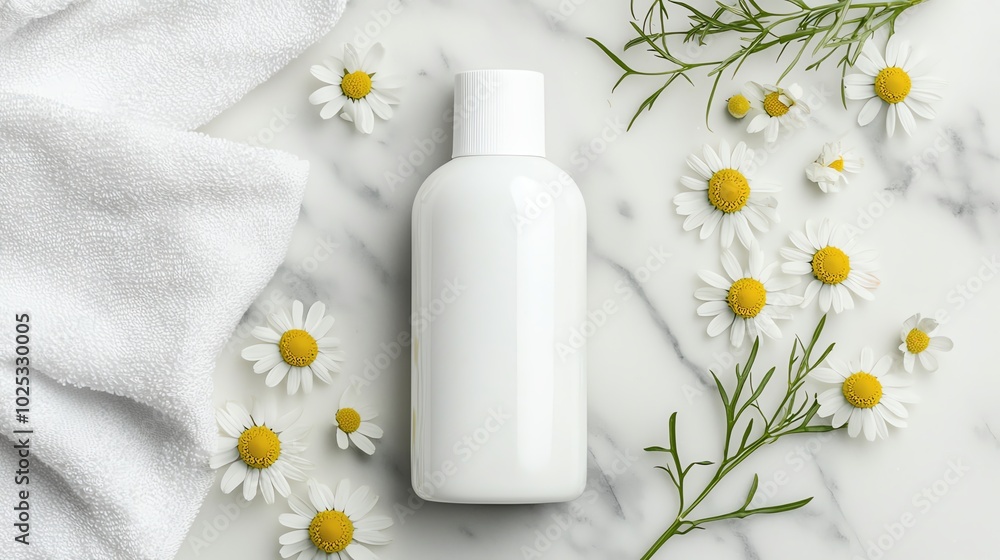 White bottle surrounded by chamomile flowers on a marble surface. White bottle surrounded by chamomile flowers on a marble surface.
