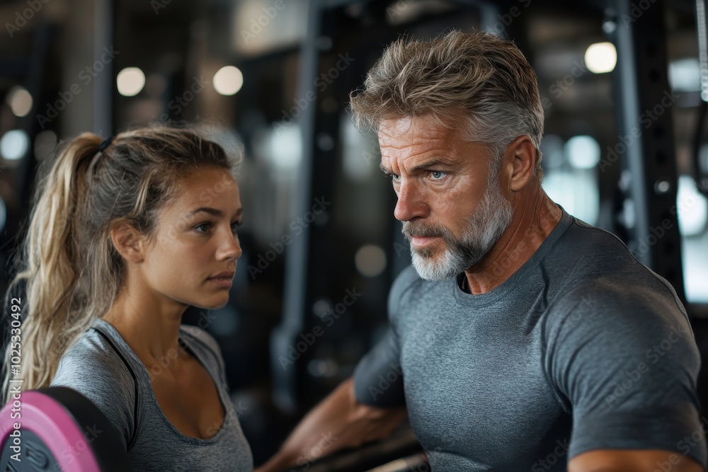 A man and woman engage in a serious conversation at a gym, emphasizing the themes of communication, focus, and shared determination in physical training. A man and woman engage in a serious conversation at a gym, emphasizing the themes of communication, focus, and shared determination in physical training.