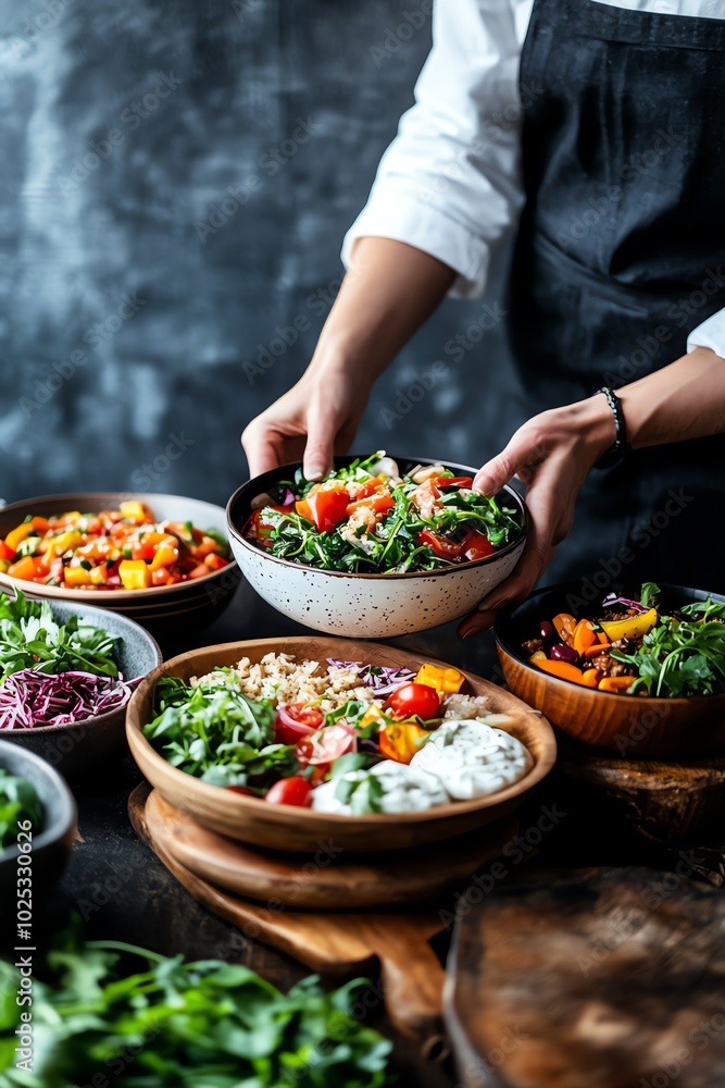 A chef arranges vibrant, fresh salads in wooden bowls on a rustic table. Healthy ingredients and colorful presentation for a gourmet meal. A chef arranges vibrant, fresh salads in wooden bowls on a rustic table. Healthy ingredients and colorful presentation for a gourmet meal.