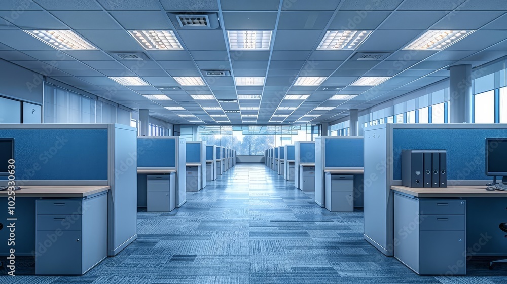 Row of empty office cubicles wide shot soft lighting clean lines and modern decor Row of empty office cubicles wide shot soft lighting clean lines and modern decor